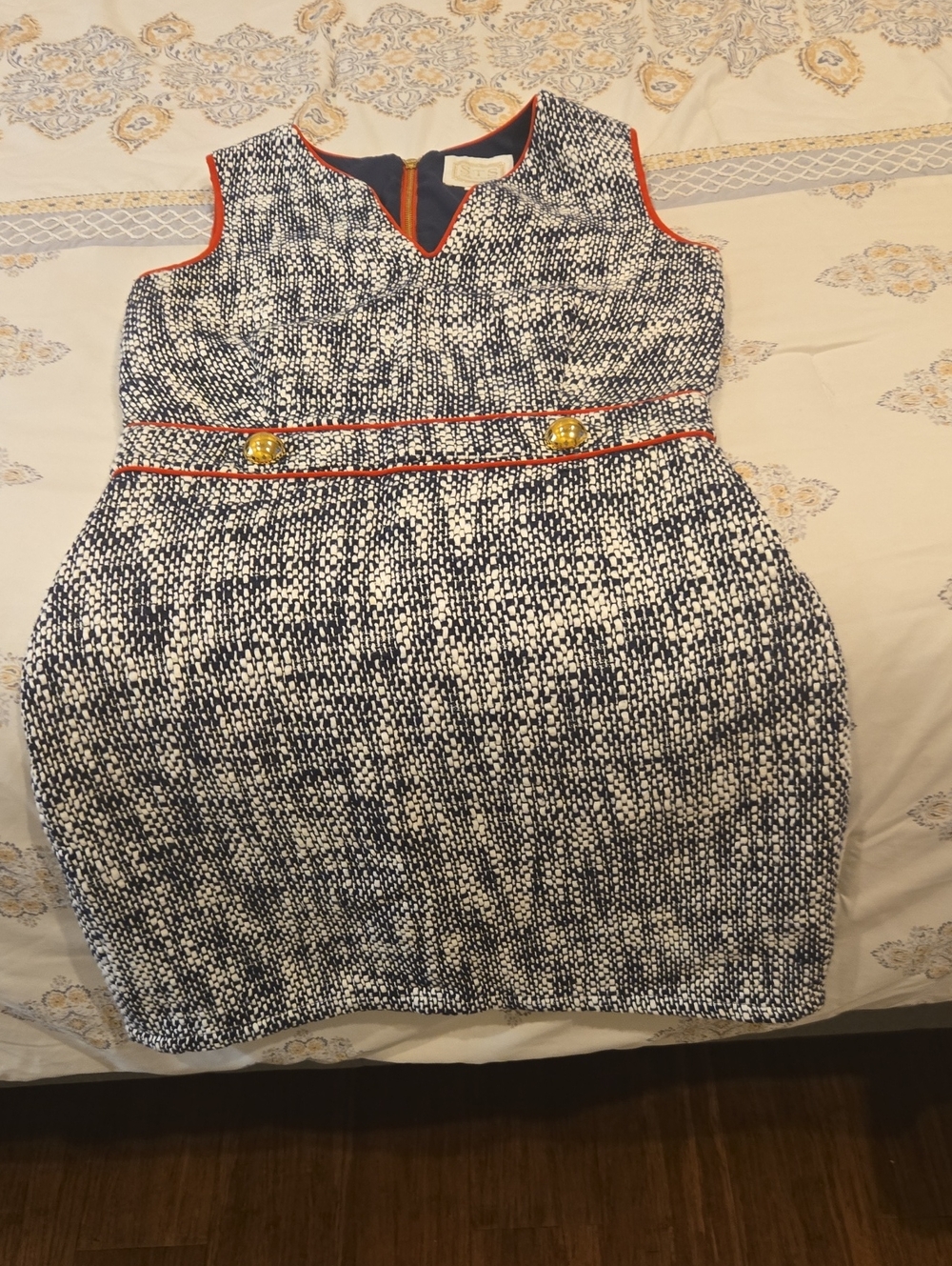 Sleeveless Navy and White Tweed Sheath Dress with Red Trim